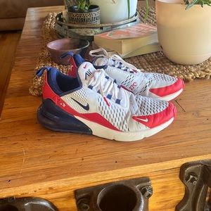 Red and blue Nike Air Max 270’s.